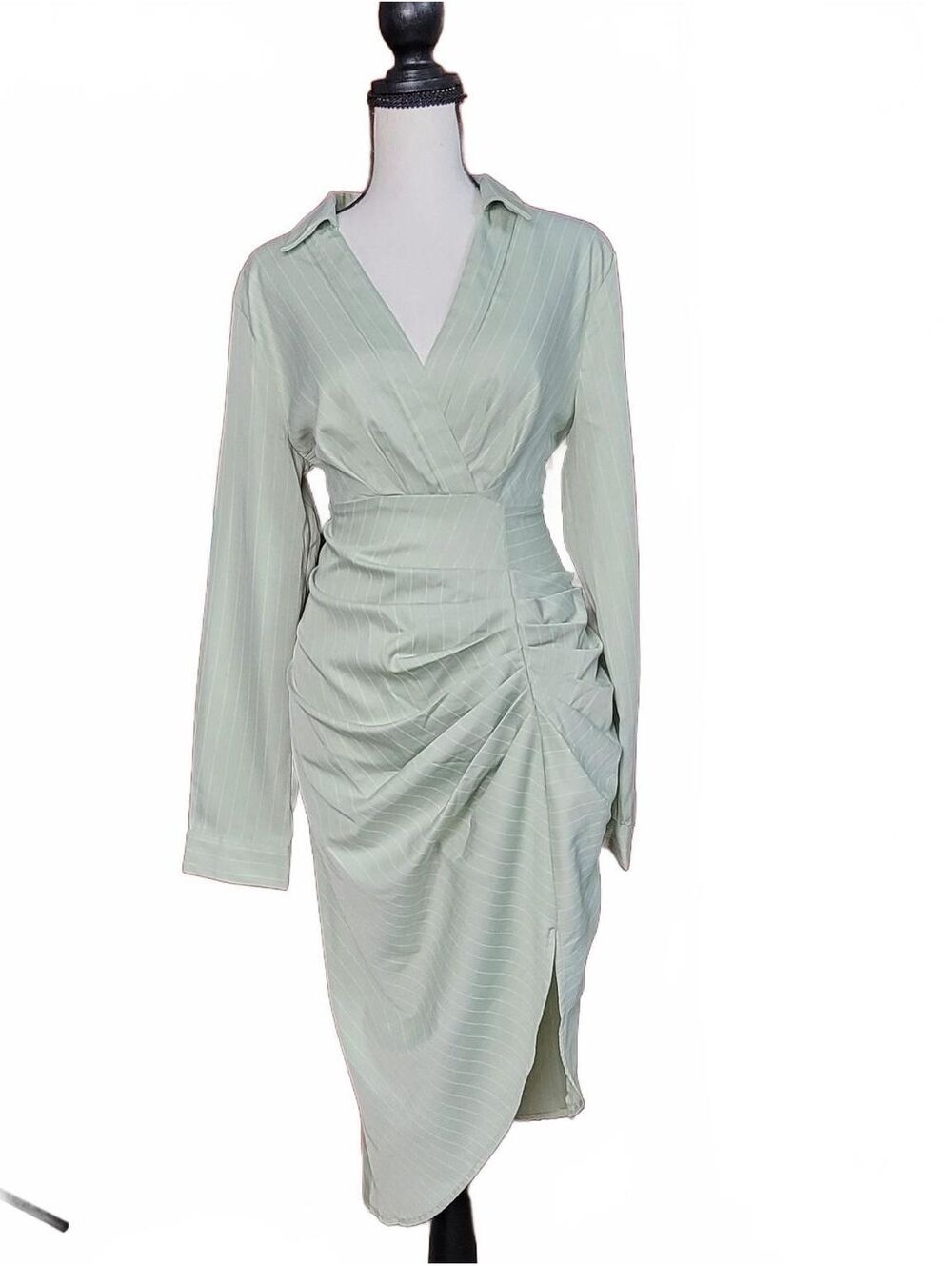 Cider Women's L NWT Sage Green Striped Ruched Asymmetric Long Sleeve Midi Dress